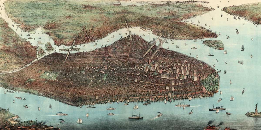 Wall Art Painting id:96692, Name: Birds-eye view of Manhattan, New York, Artist: Unknown