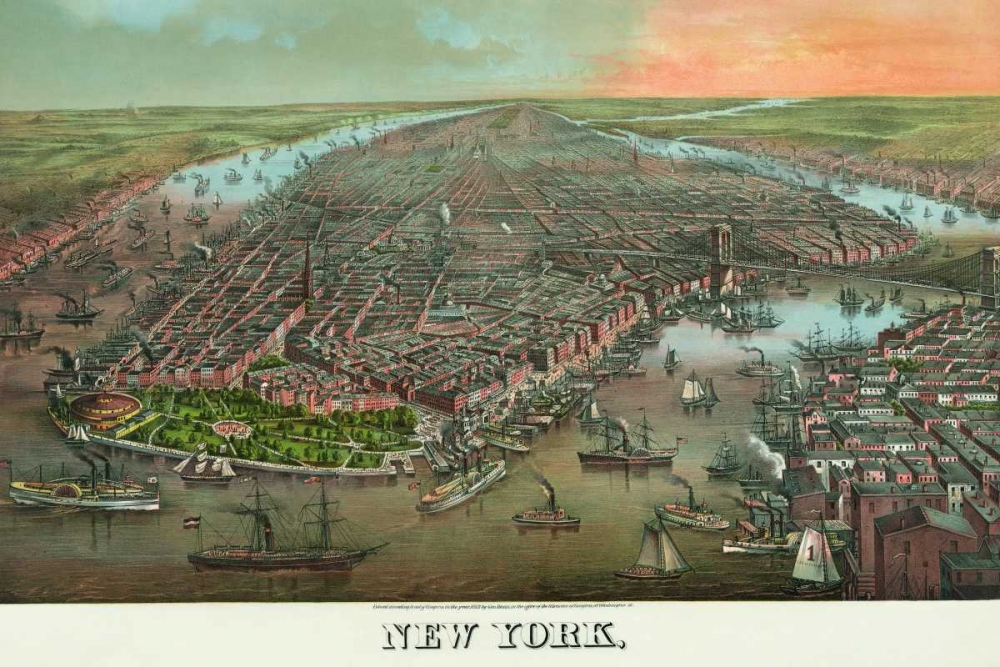 Wall Art Painting id:96696, Name: Birds-eye view of Manhattan, New York, Artist: Unknown