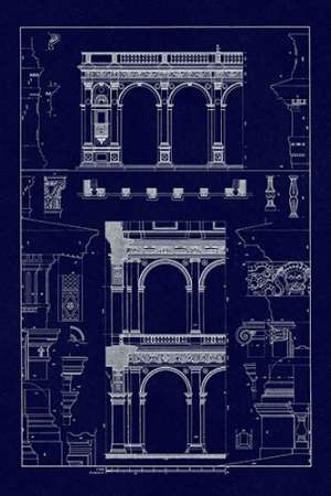 Wall Art Painting id:188603, Name: Porch of the Cathedral of Spoleto and Arcade from Palazzo Farnese (Blueprint), Artist: Buhlmann, J.