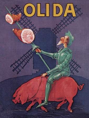 Wall Art Painting id:188764, Name: Pigs and Pork: Don Quixote Riding a Pig, Artist: Advertisement