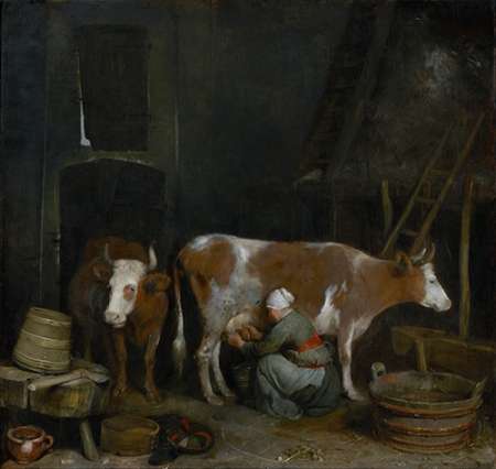 Wall art: A Maid Milking a Cow in a Barn, by Ter Borch, Gerard