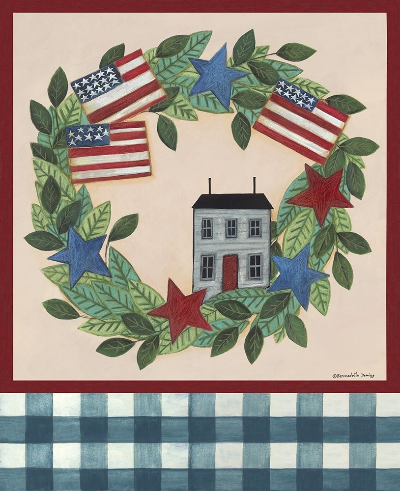 Wall Art Painting id:427987, Name: Patriotic Saltbox House Wreath, Artist: Deming, Bernadette