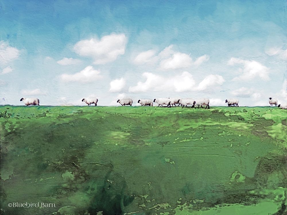 Art Print: Distant Hillside Sheep by Day    