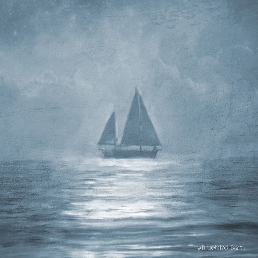 Art Print: Solo Blue Sea Sailboat