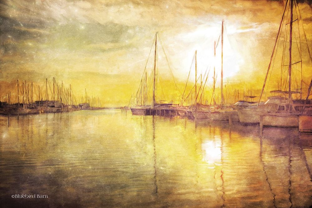 Wall Art Painting id:249167, Name: Yellow Sunset Boats in Marina, Artist: Bluebird Barn