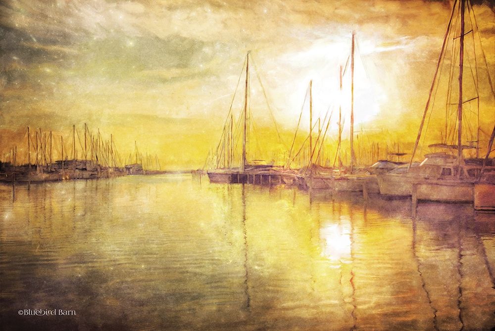 Wall art: Yellow Sunset Boats in Marina, by Bluebird Barn