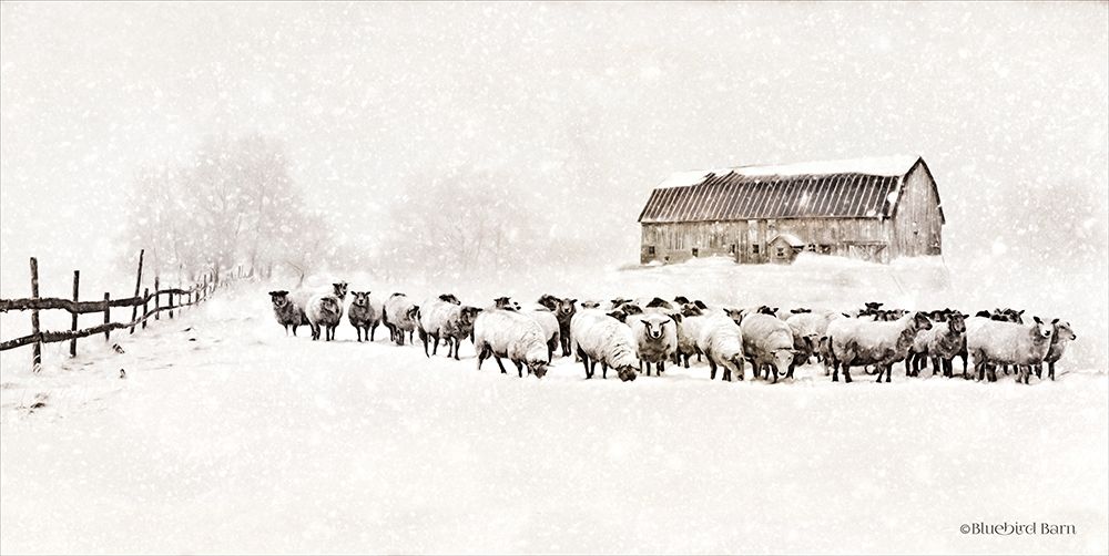 Wall Art Painting id:263435, Name: Warm Winter Barn with Sheep Herd, Artist: Bluebird Barn