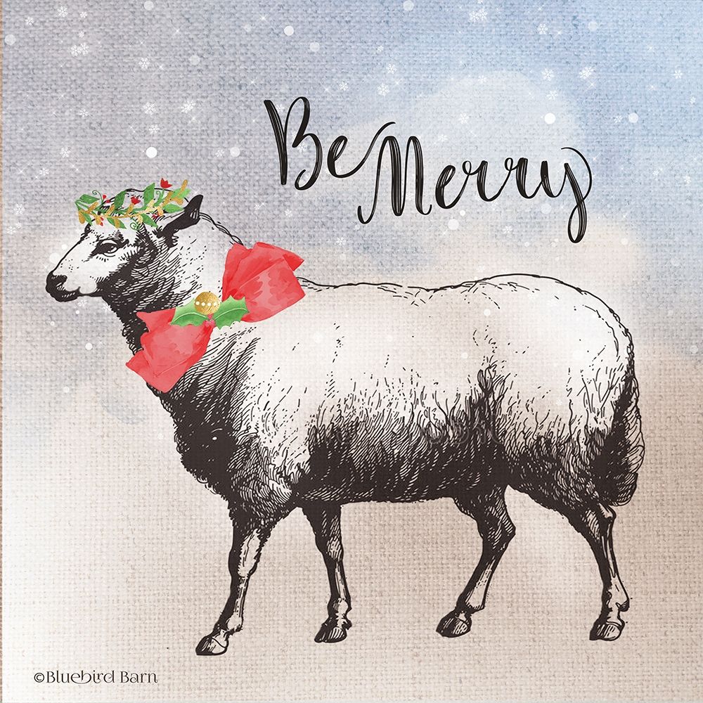 Wall Art Painting id:263444, Name: Vintage Christmas Be Merry Sheep, Artist: Bluebird Barn
