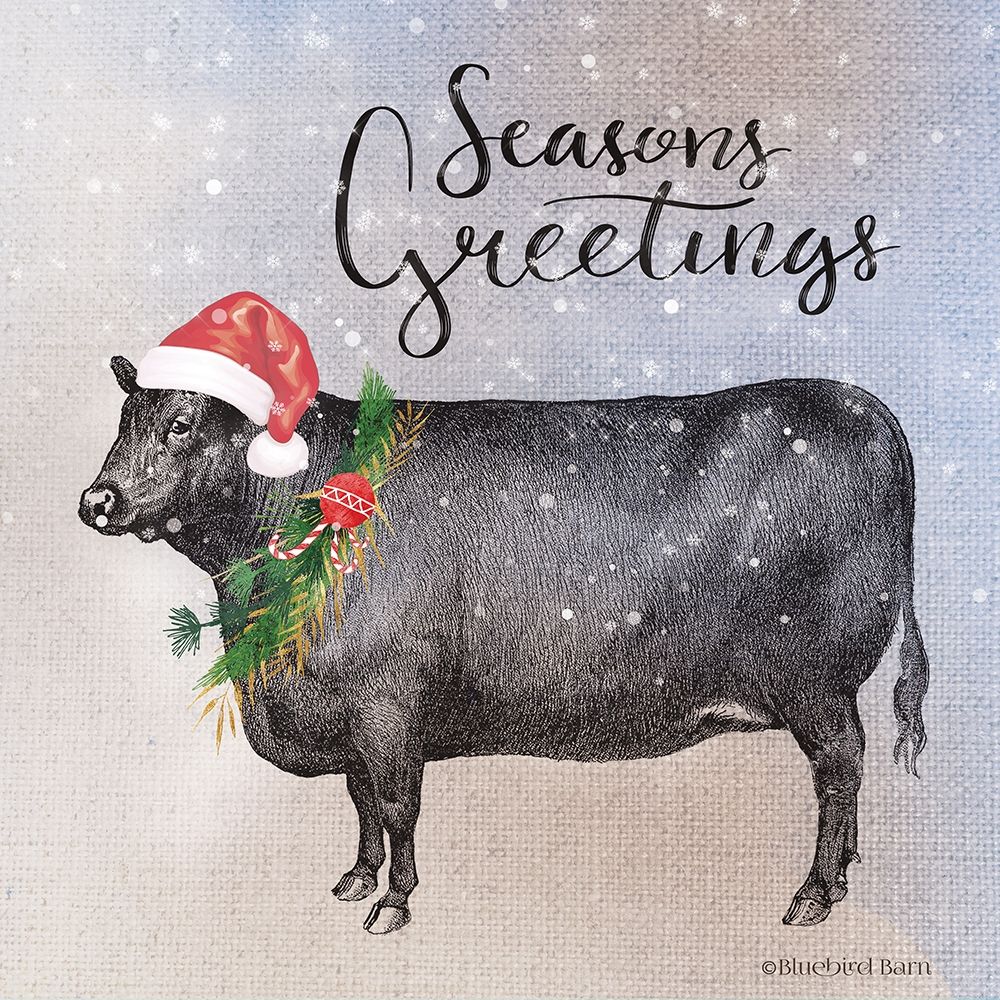 Wall Art Painting id:263446, Name: Vintage Christmas Be Merry Cow, Artist: Bluebird Barn