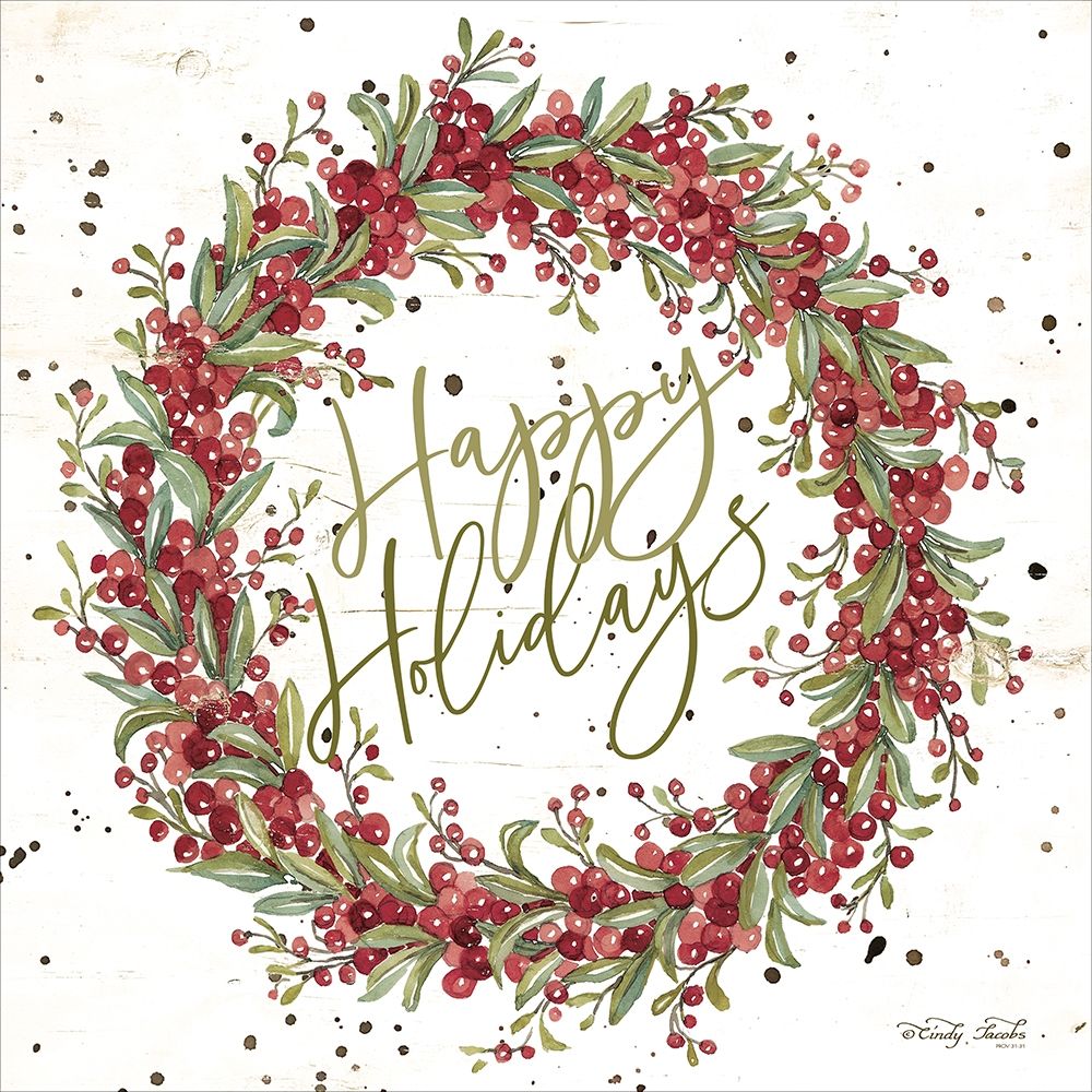 Art Print: Happy Holidays Berry Wreath