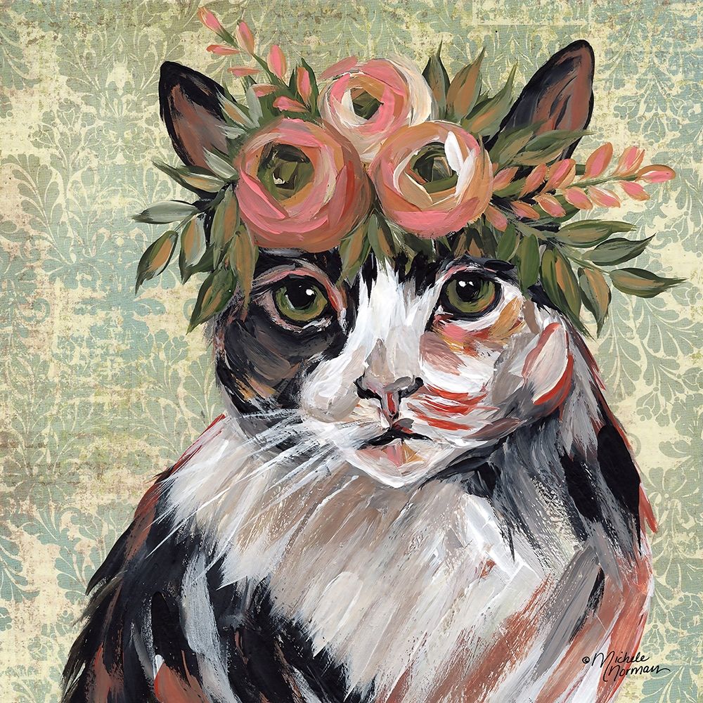 Wall Art Painting id:262672, Name: Cat with Floral Crown, Artist: Norman, Michele