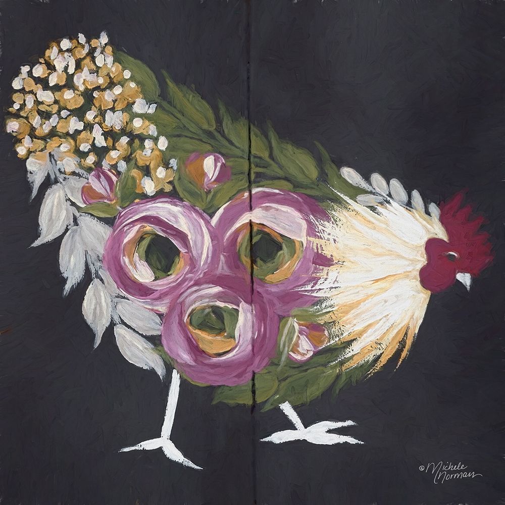 Wall Art Painting id:262685, Name: Floral Hen on Black, Artist: Norman, Michele