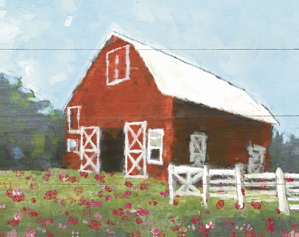 Wall Art Painting id:387137, Name: Flower Field Barn, Artist: White Ladder