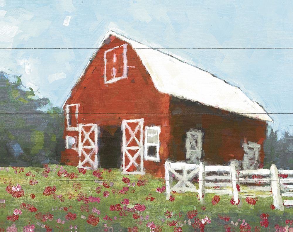 Wall Art Painting id:387137, Name: Flower Field Barn, Artist: White Ladder