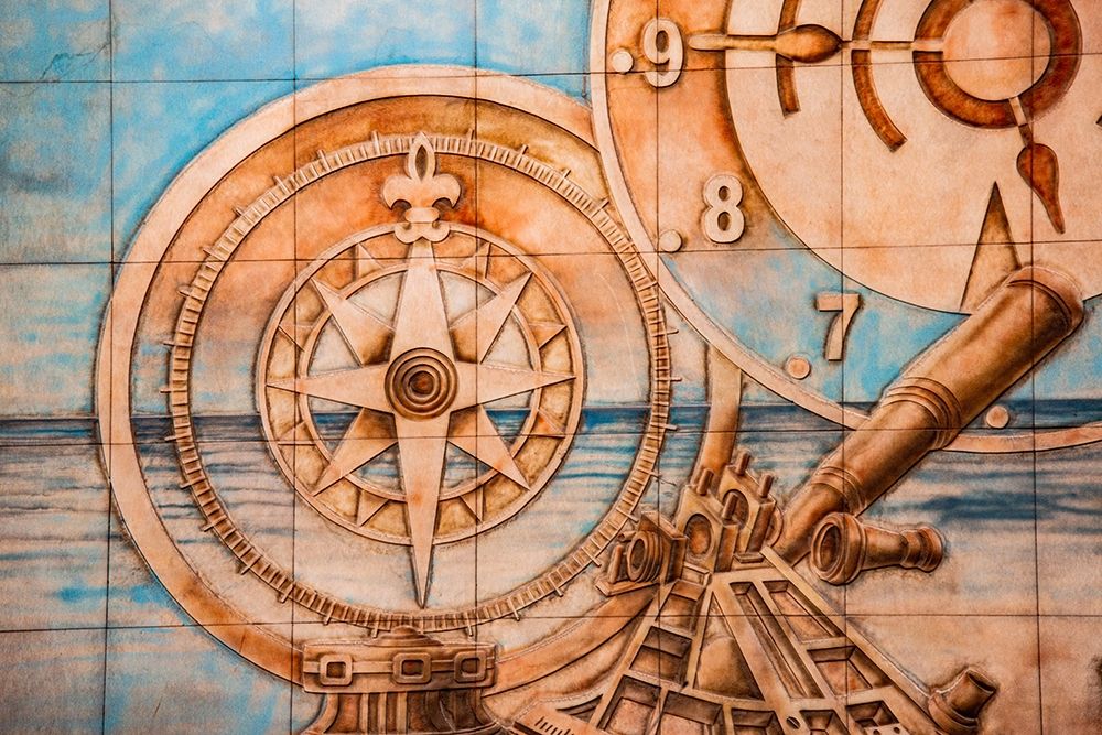 Wall Art Painting id:398702, Name: Nile River Expedition-Lower Egypt-Cairo Mural of compass and clock signifying Egypts early advances, Artist: Jones, Alison