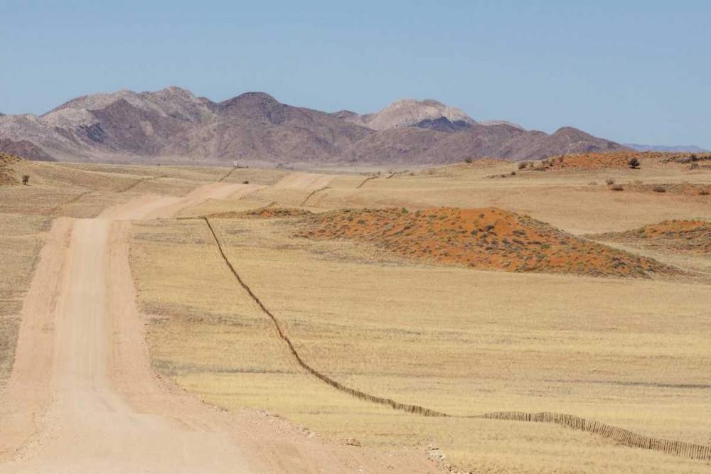 Art Print: Namibia, Namib Desert Road and fence in desert