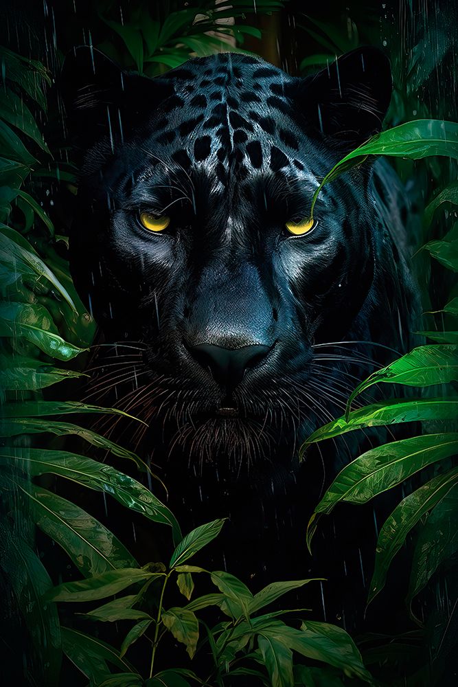 Art Print: Black leopard face in a rainy jungle foliage. AI Generated.