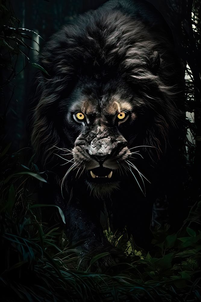 Art Print: Black lion in jungle at night. AI Generated.