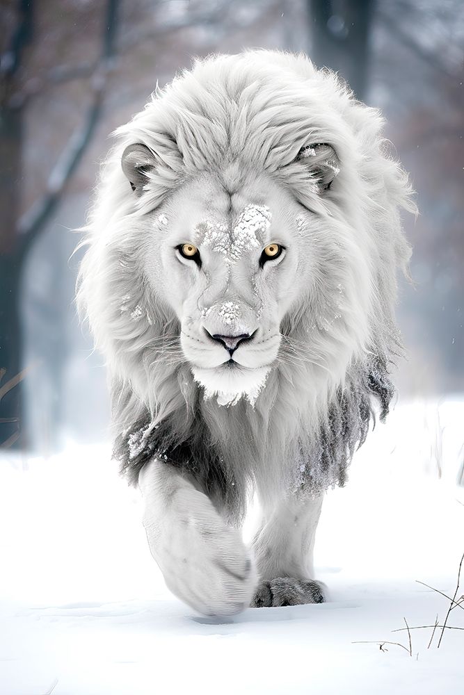 Art Print: White lion walking in snow. AI Generated.