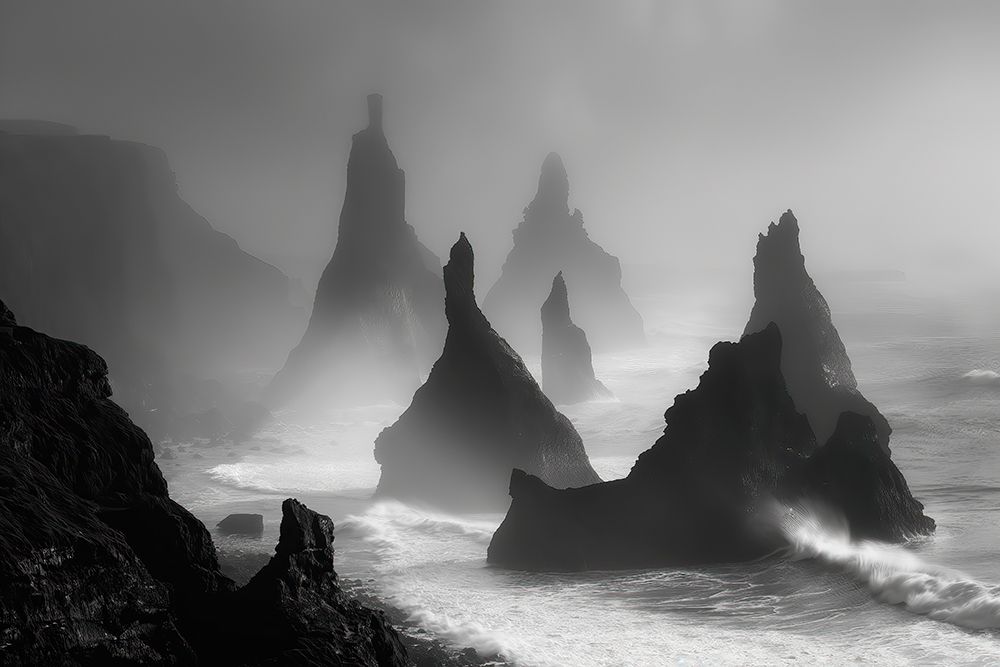 Art Print: Sea stacks and ocean shore mist. (AI Generated)
