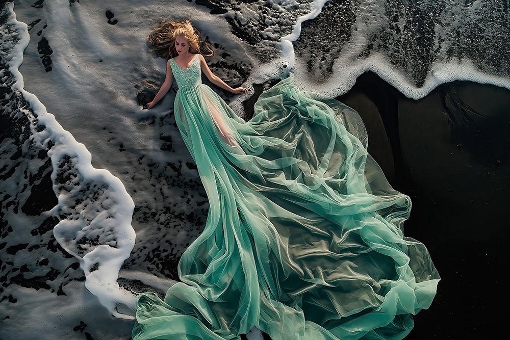 Art Print: Young woman on beach with flowing dress. (AI Generated)