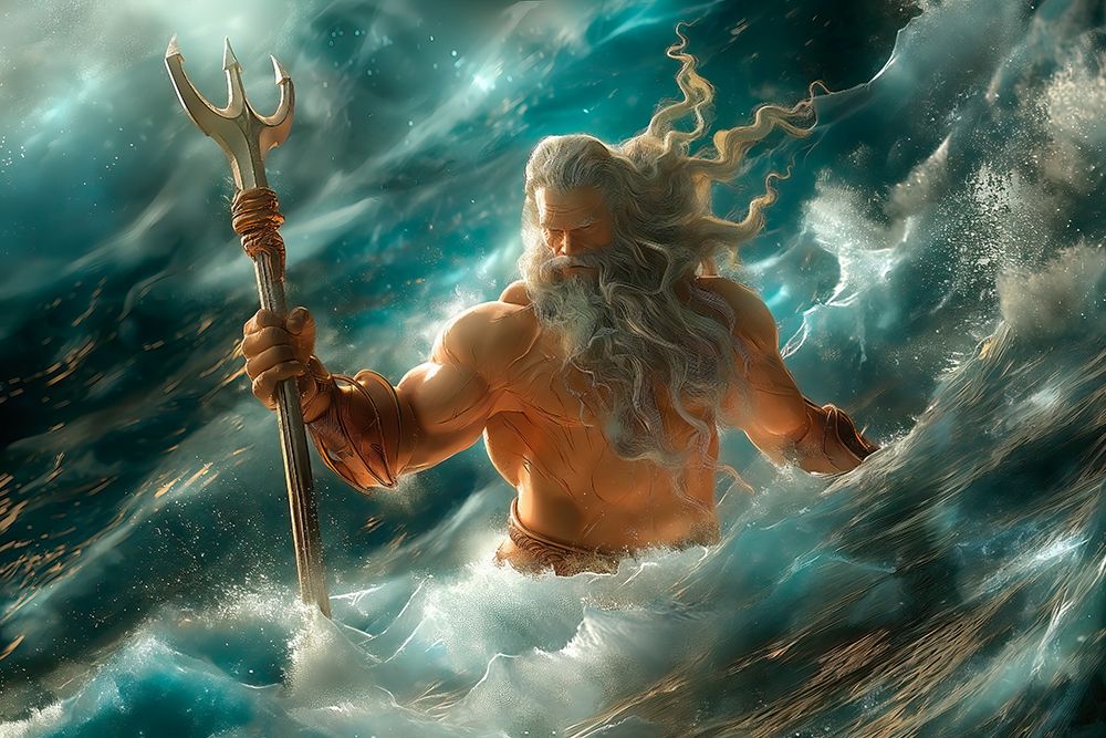 Art Print: Roman god Neptune with triton in ocean wave. (AI Generated)