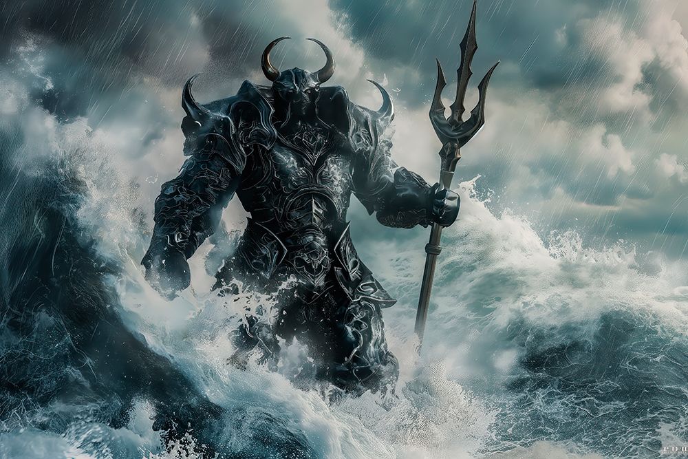 Art Print: Armored alien warrior in ocean with triton. (AI Generated)