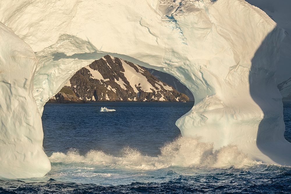 Art Print: Antarctica-South Georgia Island-Coopers Bay Iceberg arch and mountains at sunrise 