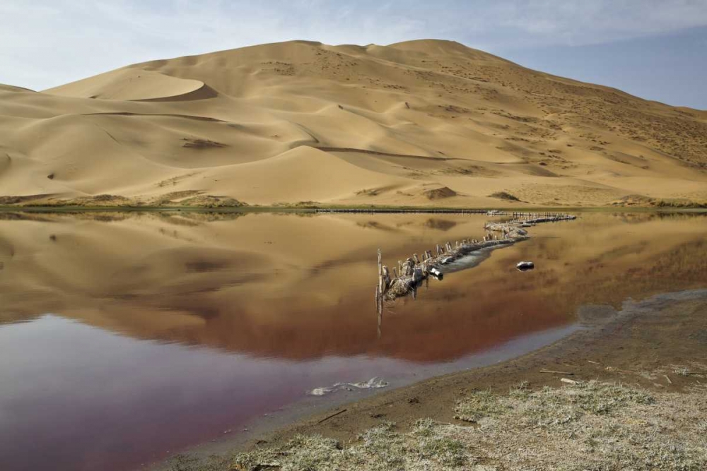 Art Print: China, Badain Jaran Desert Dune reflects in lake