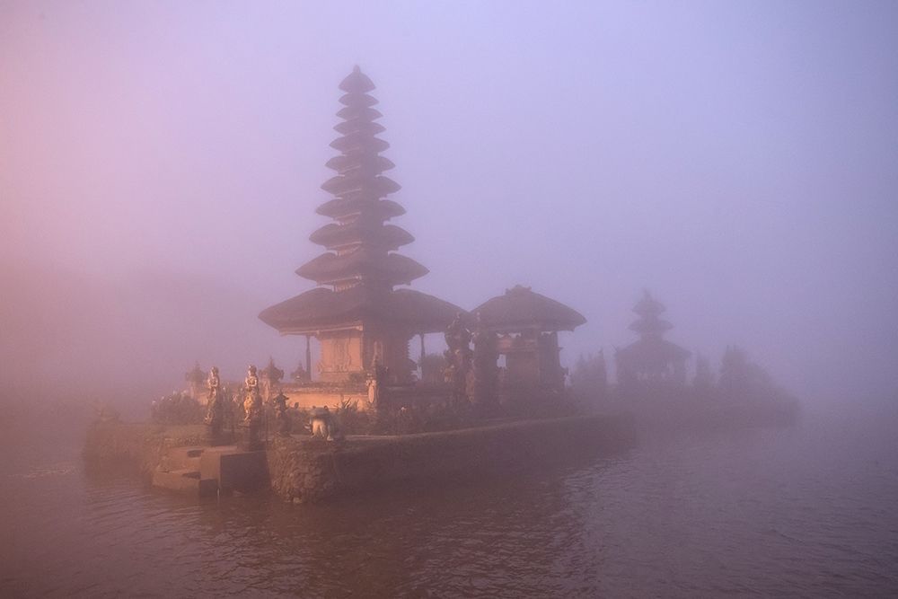 Art Print: Indonesia-Bali Foggy sunset on Pura Ulun Danu temple on Lake Bratan