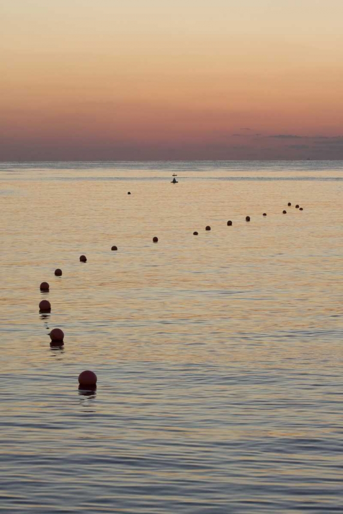 Wall Art Painting id:136539, Name: UAE, Fujairah Sunrise over marker buoys on beach, Artist: Young, Bill