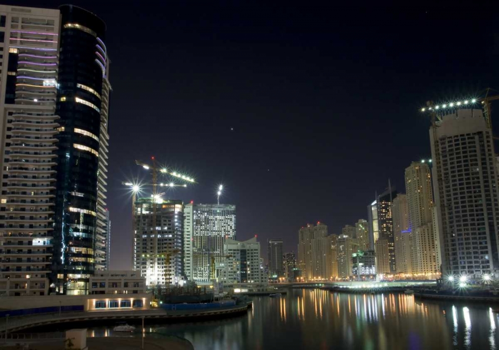 Art Print: UAE, Dubai Towers on marina at night