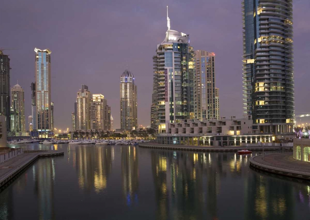 Art Print: UAE, Dubai, Marina Lights reflect on marina