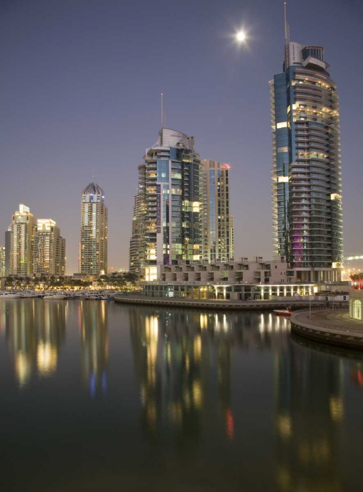 Art Print: UAE, Dubai, Marina Towers reflect on marina