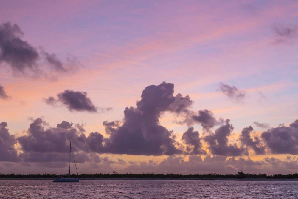 Art Print: Bahamas, Exuma Is Sailboat anchored at sunset