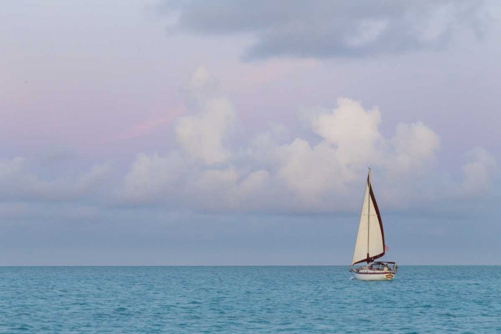 Art Print: Bahamas, Exuma Island Sailboat at sunset