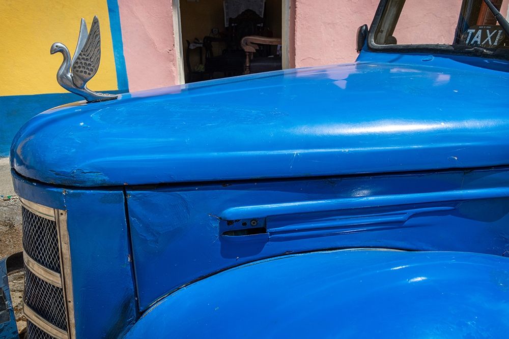 Wall Art Painting id:399440, Name: Detail of classic blue American car with chrome swan hood ornament in Trinidad-Cuba, Artist: Miglavs, Janis