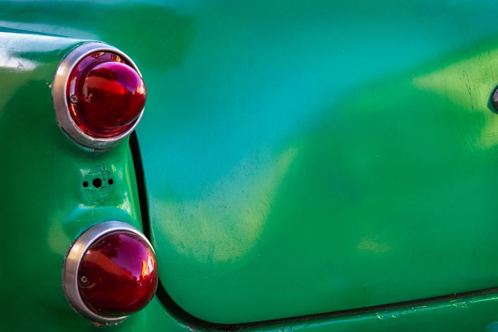 Wall Art Painting id:399443, Name: Detail of two red tail lights on classic green car in Trinidad-Cuba, Artist: Miglavs, Janis