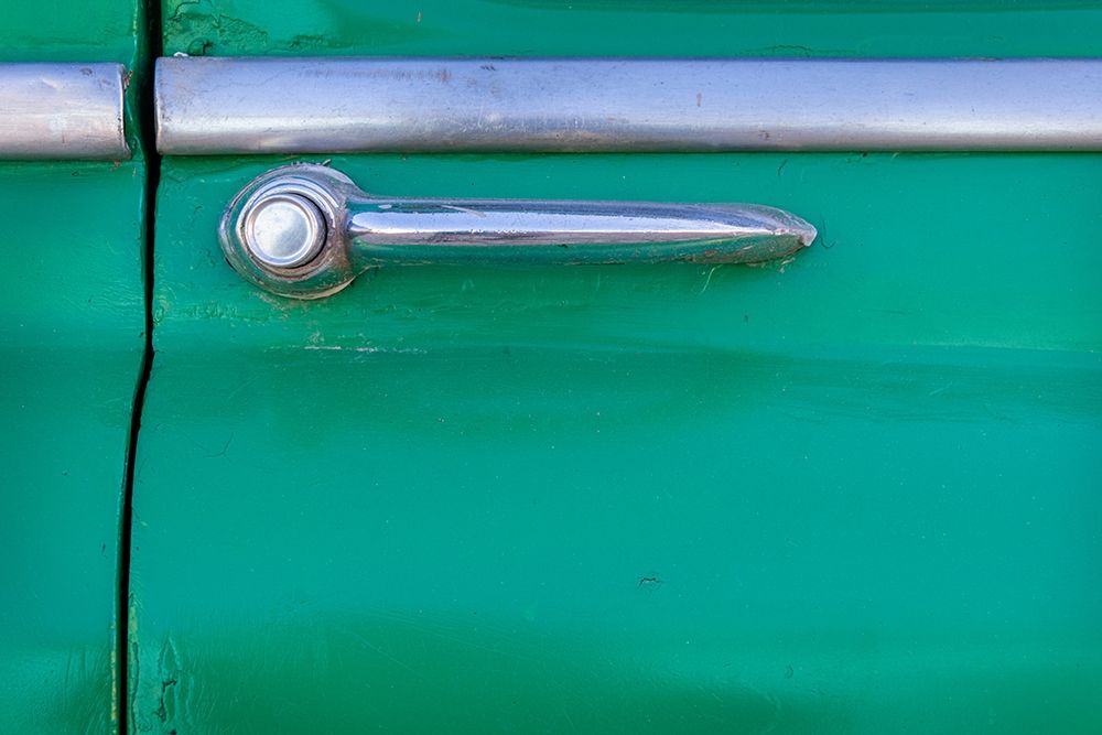 Wall Art Painting id:399444, Name: Detail of door handle on classic green car in Trinidad-Cuba, Artist: Miglavs, Janis