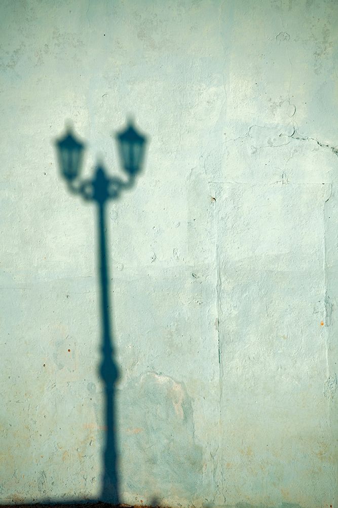 Wall art: Morning shadow of a lamppost on light blue-green house wall in Trinidad-Cuba, by Miglavs, Janis