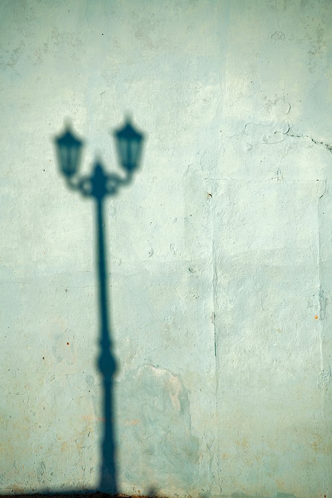 Wall Art Painting id:399484, Name: Morning shadow of a lamppost on light blue-green house wall in Trinidad-Cuba, Artist: Miglavs, Janis