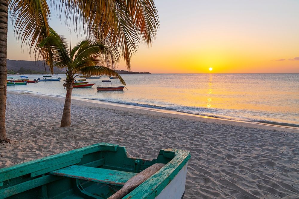 Art Print: Caribbean-Grenada-Grenadines Sunset and wooden fishing boat on Grand Anse Beach