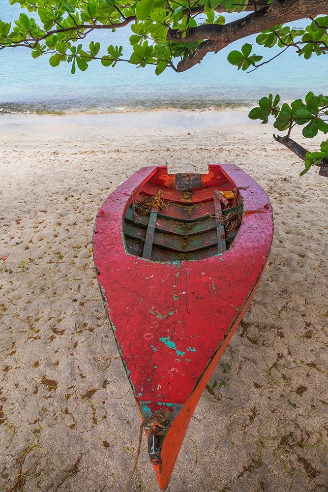 Art Print: Caribbean-Grenada-Island of Carriacou Wooden fishing boat on beach