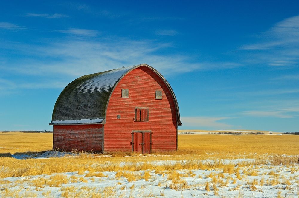 Art Print: Canada-Alberta-Vulcan Red barn in winter