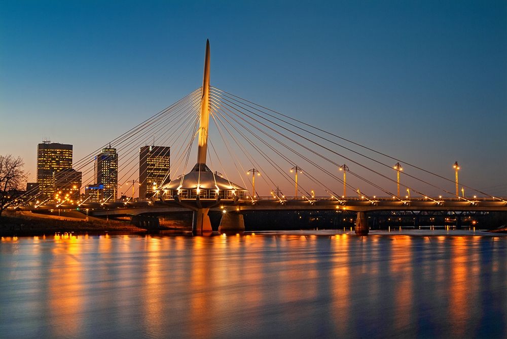 Art Print: Canada-Manitoba-Winnipeg Esplanade Bridge over Red River at sunset