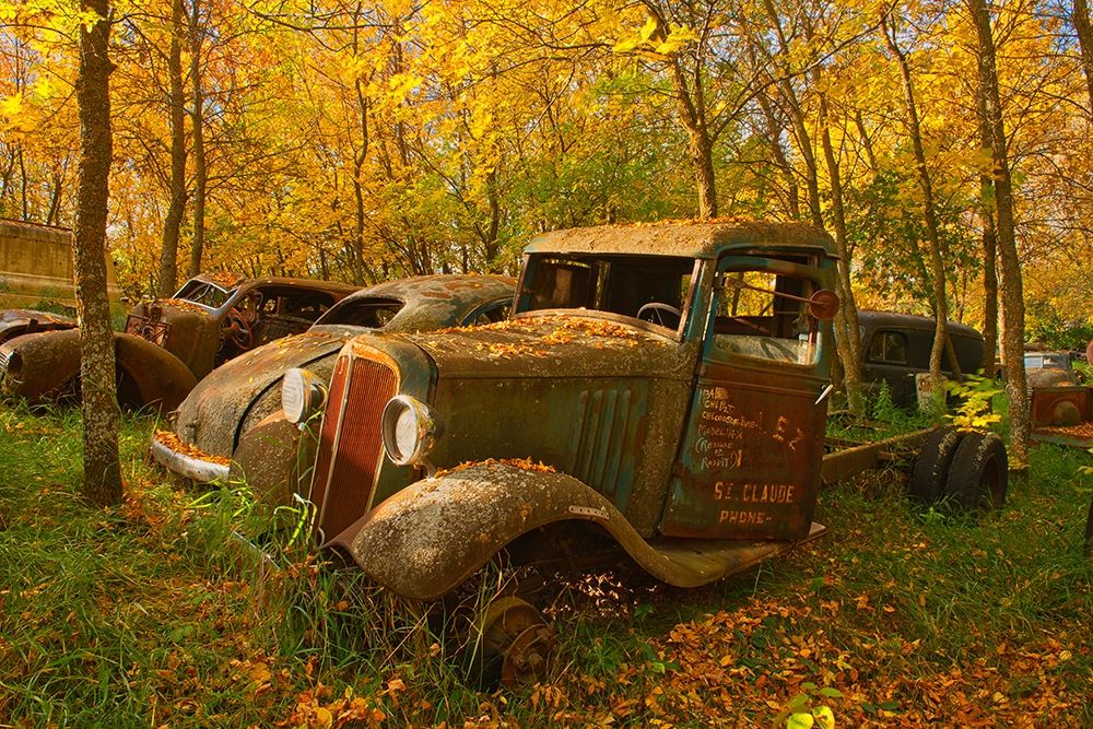 Art Print: Canada-Manitoba-St Lupicin Vintage old vehicles in wrecking yard