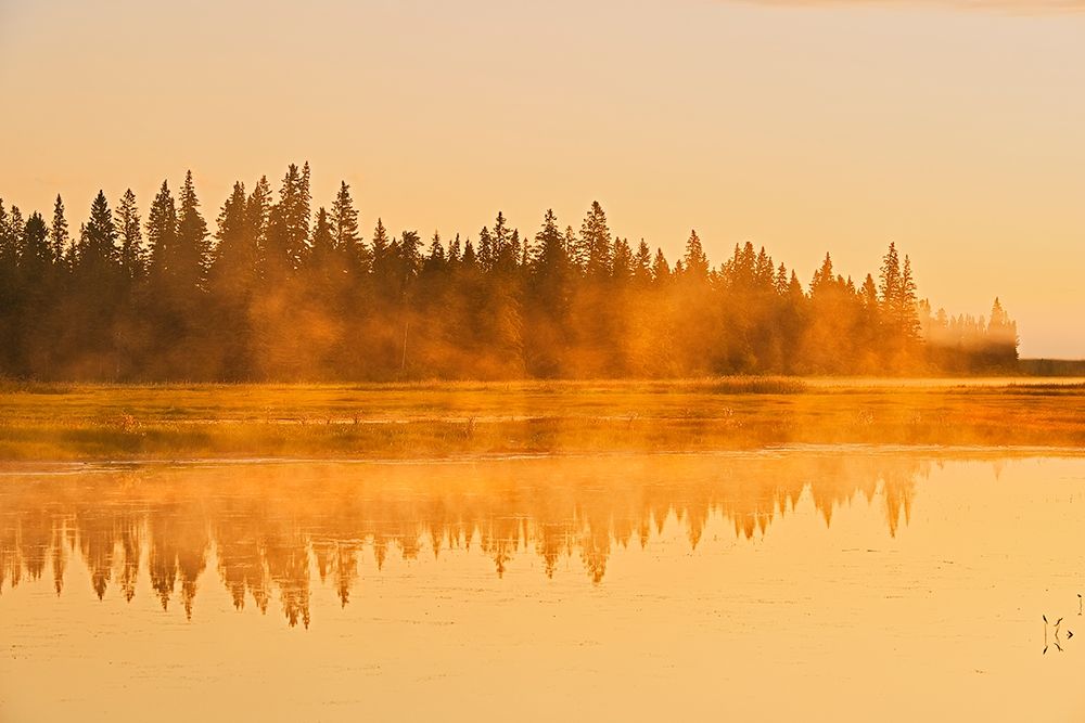 Art Print: Canada-Manitoba-Riding Mountain National Park Fog rising above Whirlpool Lake at sunrise
