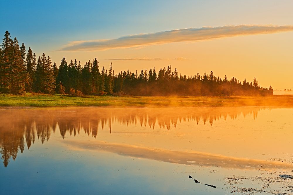 Art Print: Canada-Manitoba-Riding Mountain National Park Fog rising above Whirlpool Lake at sunrise