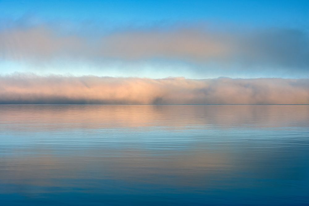 Art Print: Canada-Ontario-Rossport Fog on Lake Superior at sunrise