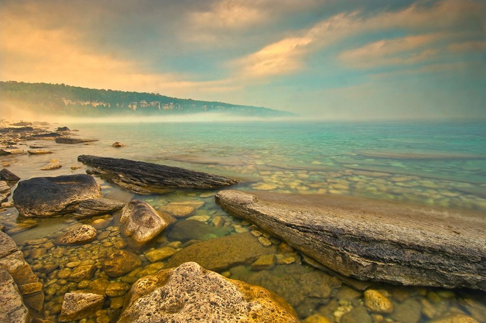 Art Print: Canada-Ontario-Morning fog on Georgian Bay Limestone Rock Barrow Bay Bruce Peninsula
